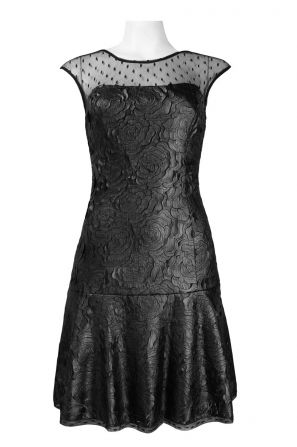 Muse Cap Sleeve Illusion Neckline Faux Leather Laser Cut Drop Waist Dress