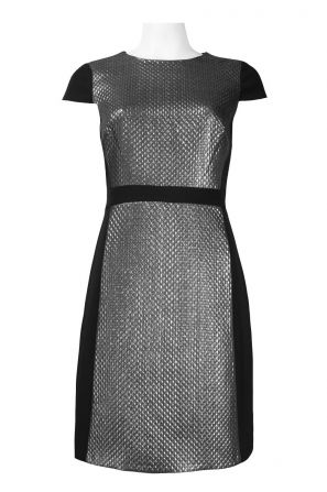 Muse Cap Sleeve Quilted Panel Metallic Crepe Short Dress