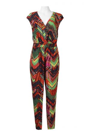Muse Cap Sleeve V-Neckline Multi Abstract Rayon Jumpsuit