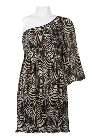 Muse One Shoulder Accordion Pleat Animal Print Chiffon Dress