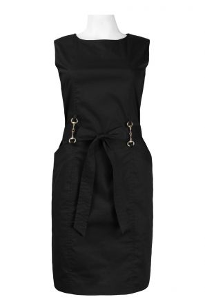 Nina Leonard Sleeveless Bow Tie Waist Chain Detail Front Pocket Cotton Blend Dress