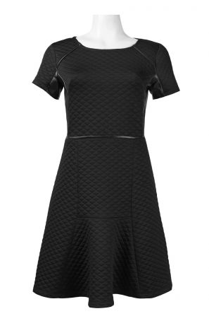 Nina Leonard Short Sleeve Faux Leather Back Quilted Scuba Dress