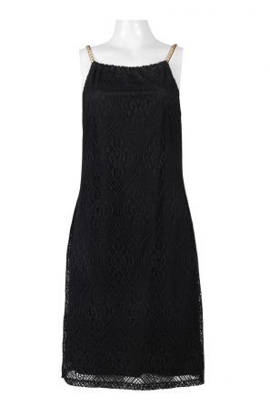Nina Leonard Chain Detail Sleeveless Solid Lace Shifft Dress