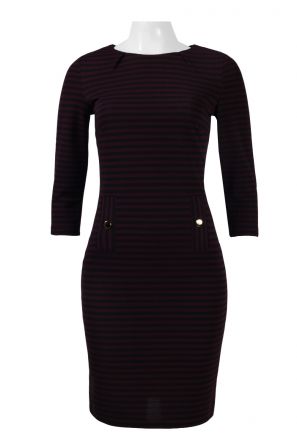 Nina Leonard Crew Neck 3/4 Sleeve Zipper Back Stripe Print Ottoman Jersey Dress