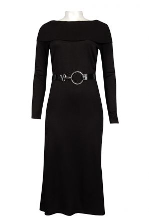 Nina Leonard Long Sleeve Off Shoulder Belted Tea Length Knit Dress