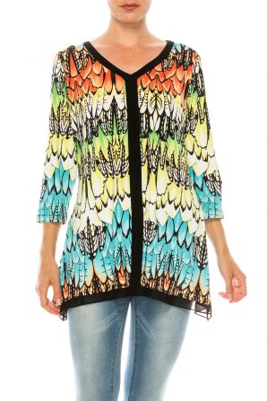 Nygard Black Coral Feather Print 3/4 Sleeve Top