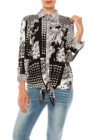 Nygard Black Paisley 3/4 Sleeve Collared Top