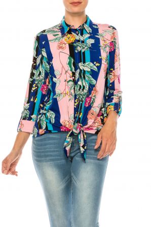 Nygard Blue Carn Stripe Floral Print 3/4 Sleeve Collared Top