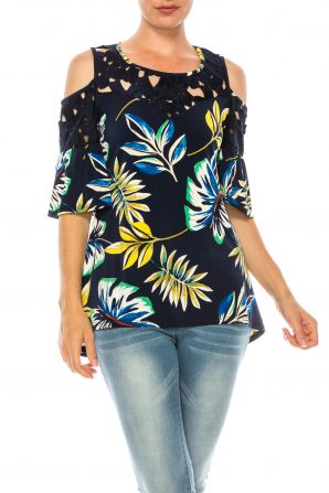Nygard Navy Palm Print Cold Shoulder Top