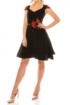 Odrella Black Beaded Floral Embroidered A-Line Party Dress