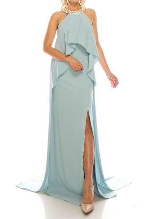 Odrella Blue Halter Evening Gown with Court Train
