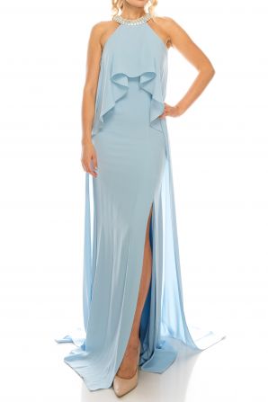 Odrella Blue Halter Evening Gown with Court Train