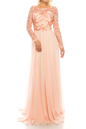 Odrella Red Sequined Mesh & Crepe Chiffon Long Evening Gown