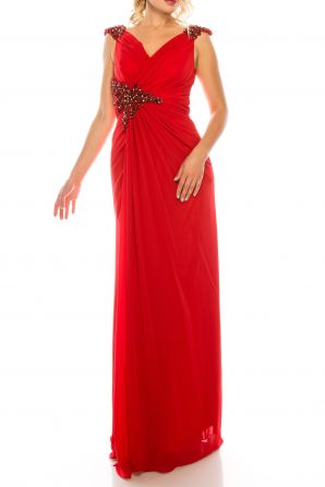 Odrella Draped & Beaded Long Sheath Evening Dress