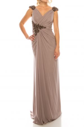 Odrella Draped & Beaded Long Sheath Evening Dress