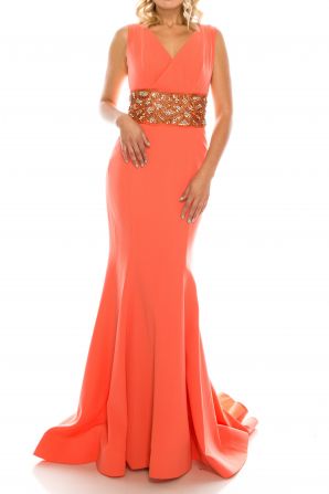 Odrella Peach Crepe Trumpet Gown with Decorated Mesh Waist