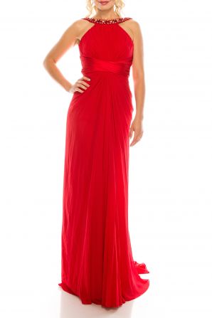 Odrella Red Gathered Embellished Halter Evening Dress