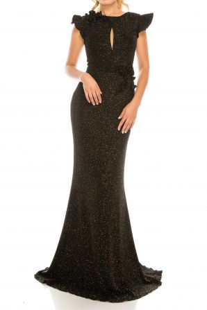 Odrella Gold Black Beaded Rose Appliqued Glittery Sheath Evening Gown