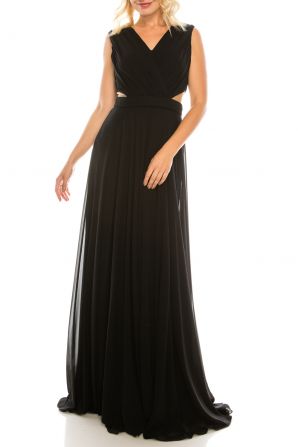 Odrella Black Surplice Necklined Full Skirt Gown with Mesh Inserts