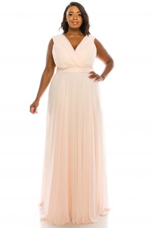 Odrella Salmon Surplice Necklined Full Skirt Gown with Mesh Inserts