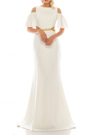Odrella Ivory Cold Shoulder Beaded Evening Dress