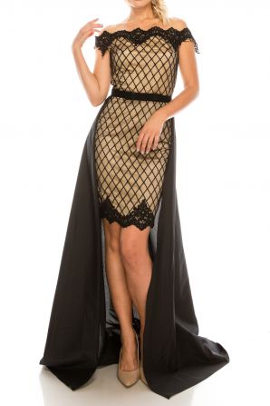 Odrella Embroidered Mesh Lattice Patterned Sheath Dress with Black Overskirt