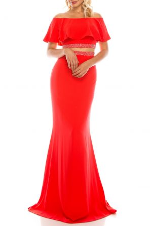 Odrella Orange Off-the-Shoulder Cape Trumpet Evening Gown