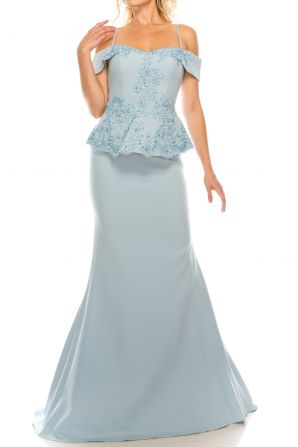 Odrella Blue Portrait Necklined Peplum Trumpet Evening Gown