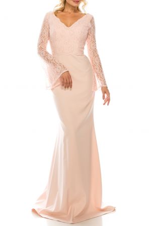 Odrella Pink Beaded Lace & Crepe Sheath Evening Gown