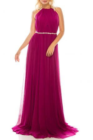 Odrella Magenta Rhinestoned Halter Evening Gown