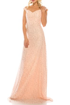 Odrella Salmon Glittery Mesh Illusion Portrait Neckline Evening Dress