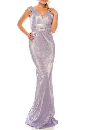 Odrella Lilac Metallic Ribbed Sleeveless Sheath Evening Gown