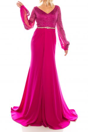 Odrella Salmon Rhinestoned & Embroidered Mesh Jacquard Evening Gown