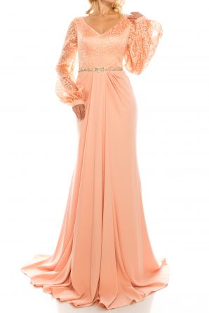 Odrella Salmon Rhinestoned & Embroidered Mesh Jacquard Evening Gown