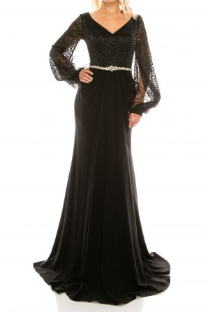 Odrella Black Rhinestoned & Embroidered Mesh Jacquard Evening Gown