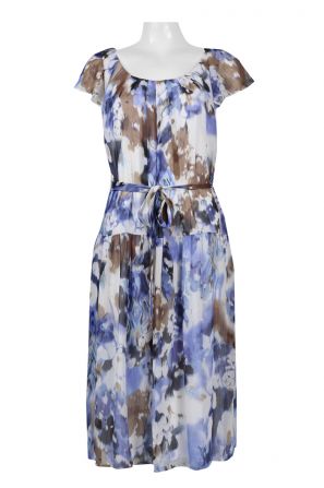 Perceptions Scoop Neck Short Sleeve Tie Waist Popover Multi Print Chiffon Dress