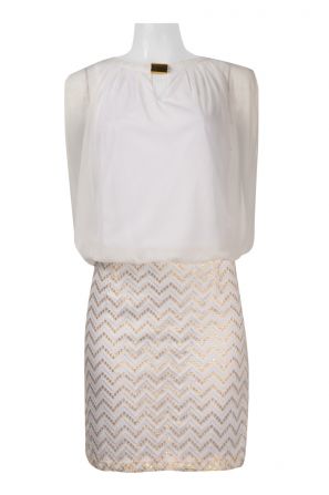 Perceptions Crew Neck Keyhole Front Sleeveless Blouson Chevron Pattern Chiffon Lace Dress