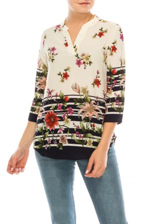 Profile Apparel Blue Stripe Floral 3/4 Sleeve Relax Fit Top