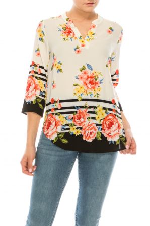 Profile Apparel Ivory Stripe Floral 3/4 Sleeve Relax Fit Top