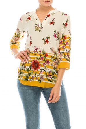 Profile Apparel Mustard Stripe Floral 3/4 Sleeve Relax Fit Top