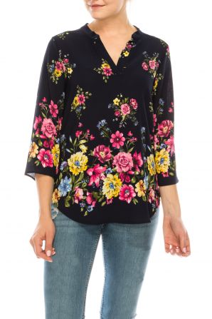 Profile Apparel Navy Pink Yellow 3/4 Sleeve Relax Fit Top
