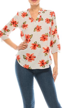 Profile Apparel Coral White Polka Dot & Floral Printed Top