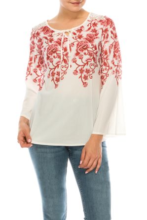 Profile Apparel White Red PInk Floral Print 3/4 Sleeve Relax Fit Top