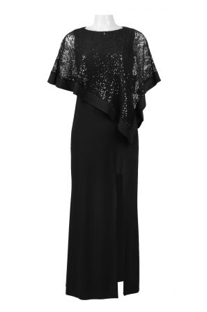 R & M Richards Crew Neck Asymmetrical Embellished Cape Sleeve Slit Side Lace Jersey Dress