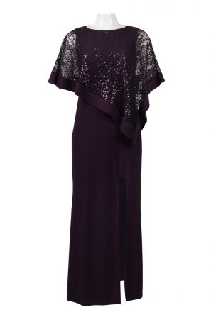 R & M Richards Crew Neck Asymmetrical Embellished Cape Sleeve Slit Side Lace Jersey Dress