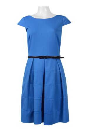 RMLL Boat Neck Cap Sleeve Belted Zipper Back Pleated Solid Dress