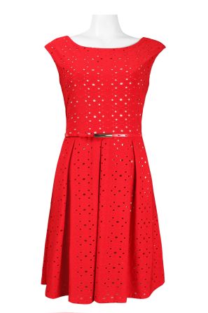 RMLL Cap Sleeve V-Cut Back Pleated Eyelet Jersey Dress with Skinny Belt