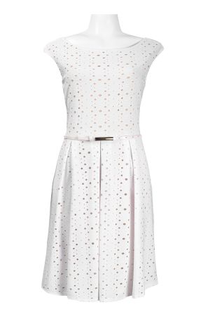 RMLL Cap Sleeve V-Cut Back Pleated Eyelet Jersey Dress with Skinny Belt