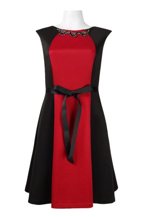 Rmll Rhinestone Embellished Neck Cap Sleeve Zipper Back Bow Waist Scuba Dress
