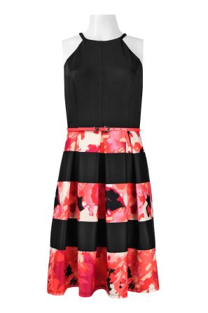 RMLL Halter Neck Zipper Back Belted Multi Print Scuba Dress